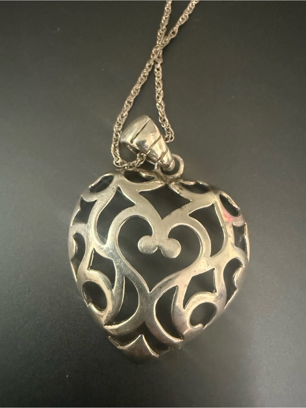 Vintage Italian Sterling Silver Open-Work Heart Pendant With Chain Italy